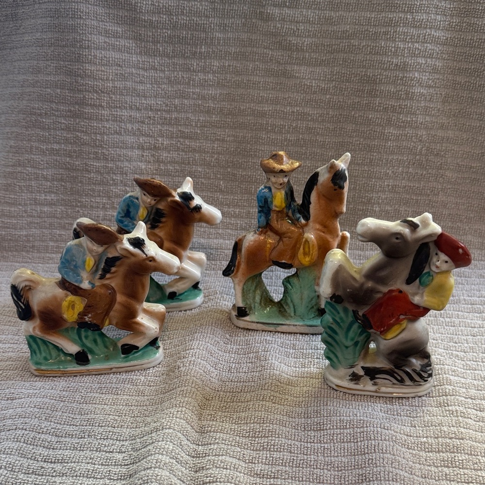Vintage porcelain man riding Horse Figurine set. Made in Japan